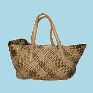 FALOR Italy Womens Tote Handbag Bag Basket Woven Intrecciato Leather Large Plaid